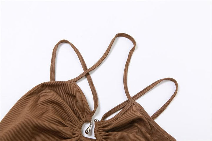 Cross front backless button ruched solid ribbed crop top