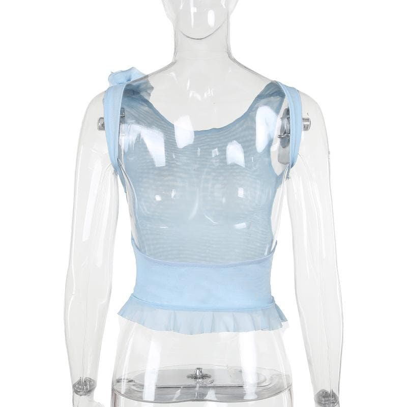 Sheer mesh flower applique see through sleeveless ruffle backless top  | Festival Outfits Women