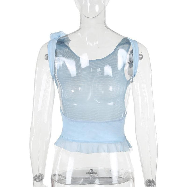 Sheer mesh flower applique see through sleeveless ruffle backless top  | Festival Outfits Women
