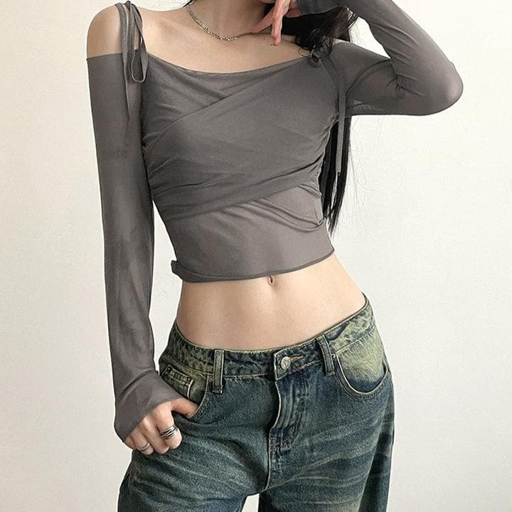 Long sleeve mesh self tie off shoulder solid crop top | Mesh Long Sleeve Crop Top