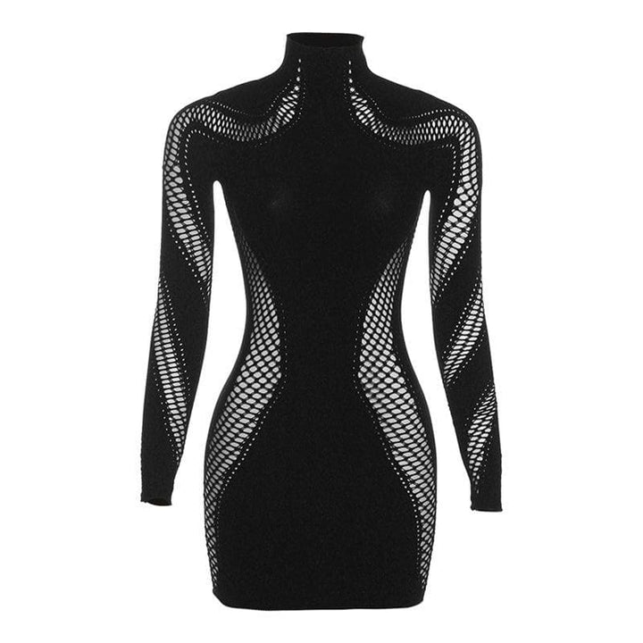Hollow out solid long sleeve fishnet high neck cut out mini dress-final-sale