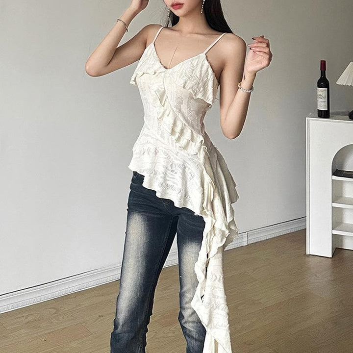 V neck ruffle irregular backless solid cami top  | Festival Outfits Women