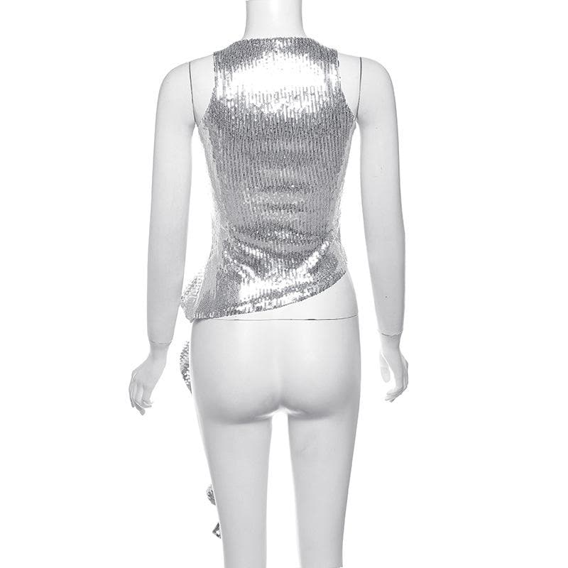 Crewneck glitter hollow out ruffle irregular crop cut out top  | Festival Outfits Women