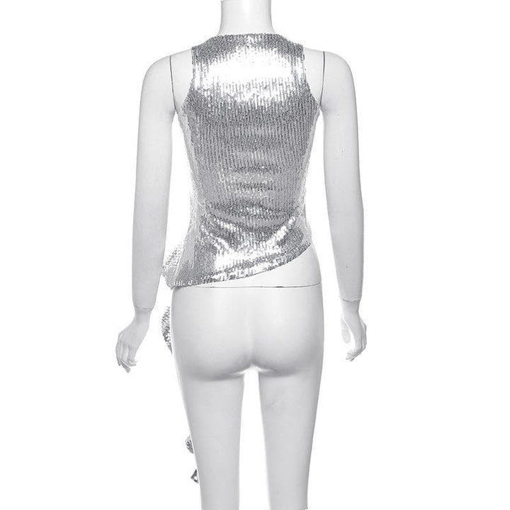 Crewneck glitter hollow out ruffle irregular crop cut out top  | Festival Outfits Women