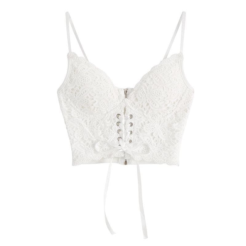 V neck heart neck solid lace up zip-up lace hem cami top