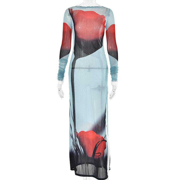 Sheer mesh see through abstract contrast long sleeve slit maxi dress