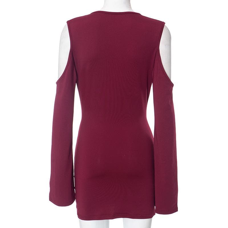 Long flared sleeve off shoulder cowl neck ruched solid mini dress  | Festival Outfits Women