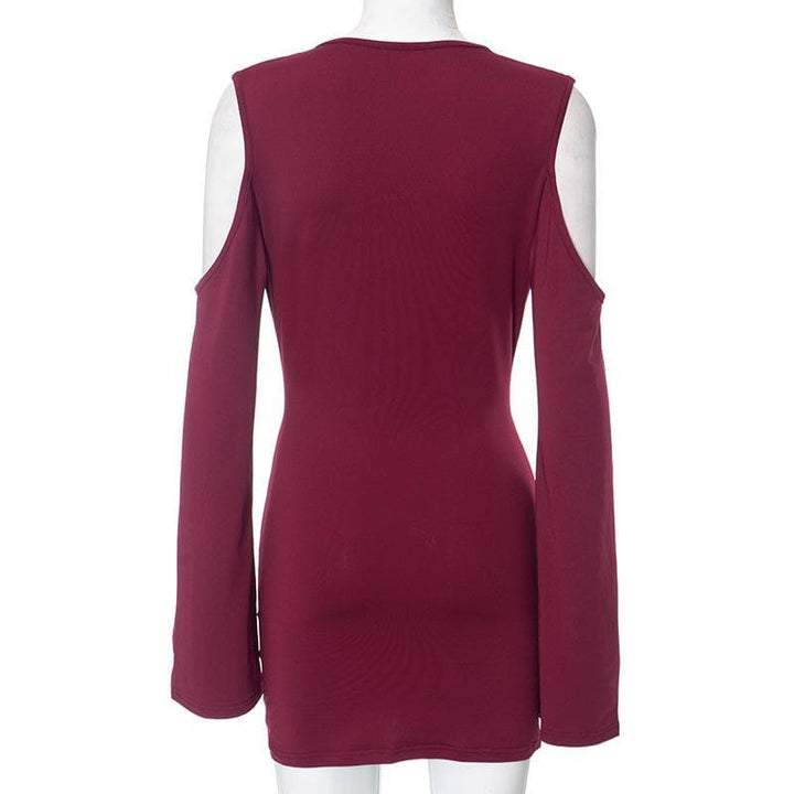 Long flared sleeve off shoulder cowl neck ruched solid mini dress  | Festival Outfits Women