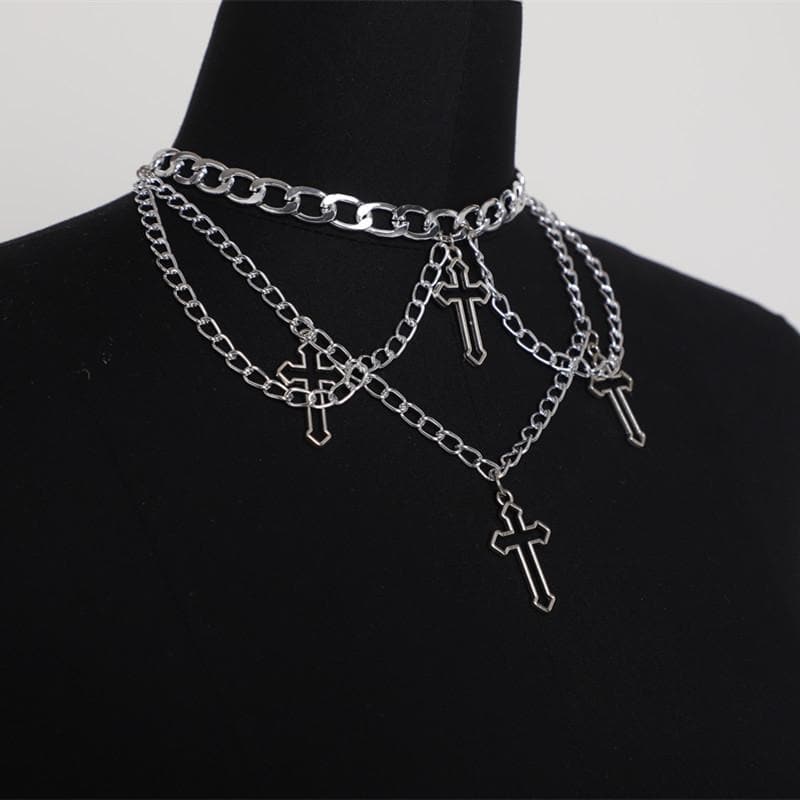 Cross pendant layered choker necklace