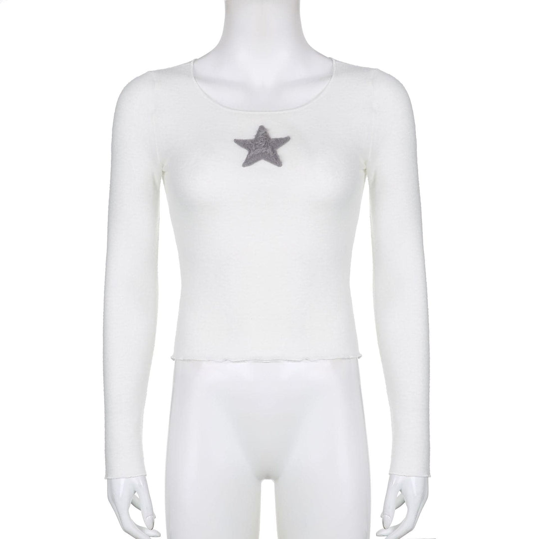 Star embroidery long sleeve ruffle round neck top- Final Sale