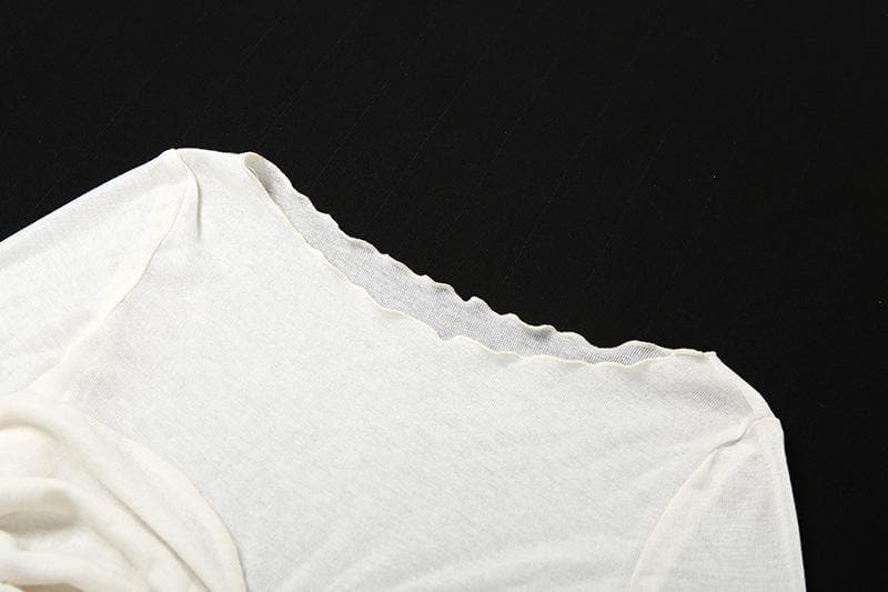 Long sleeve solid ruched crewneck ruffle crop top