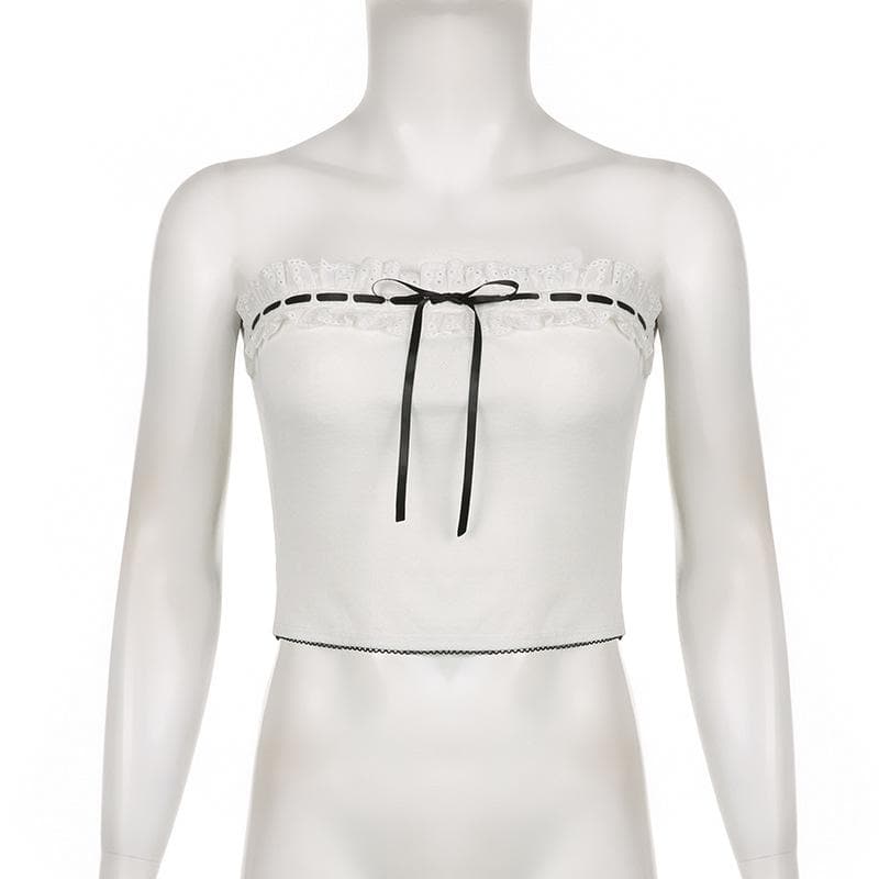 Contrast stitch lace hem self tie backless tube crop top