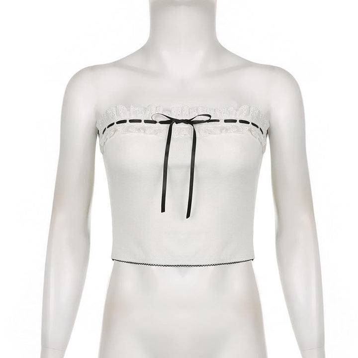 Contrast stitch lace hem self tie backless tube crop top