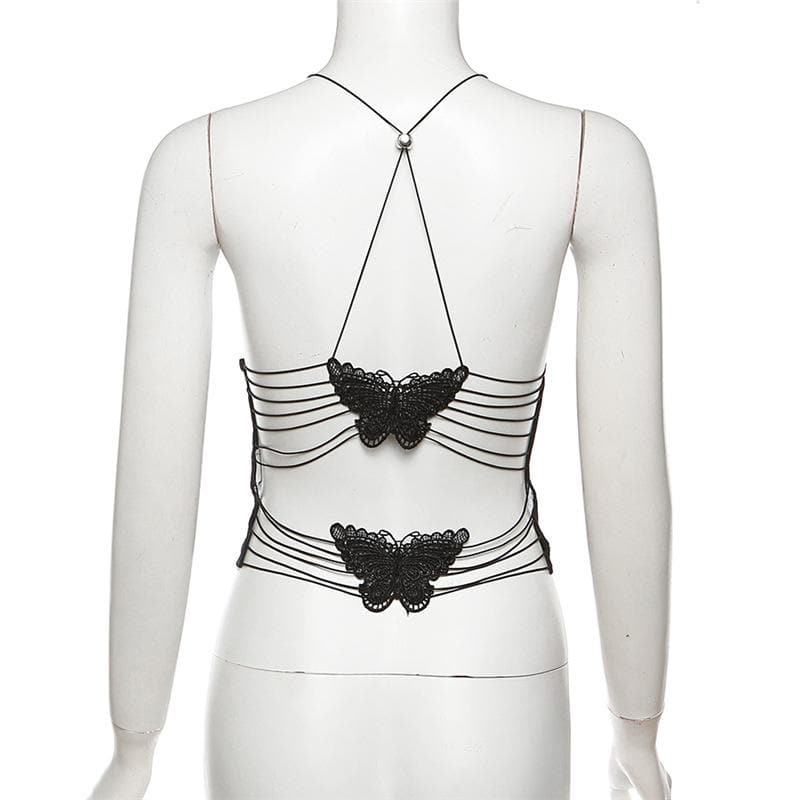 Sheer mesh butterfly applique see through backless solid top  | Festival Outfits Women