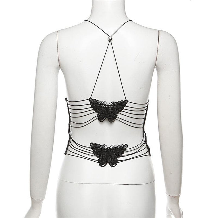 Sheer mesh butterfly applique see through backless solid top  | Festival Outfits Women