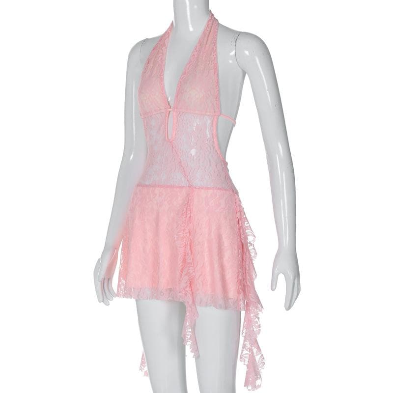 Halter v neck backless lace self tie hollow out cut out mini dress