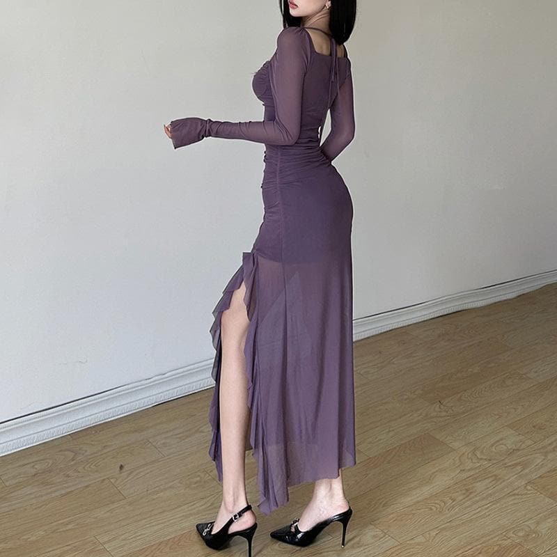 Mesh ruffle solid long sleeve ruched self tie slit maxi dress  | Festival Outfits Women