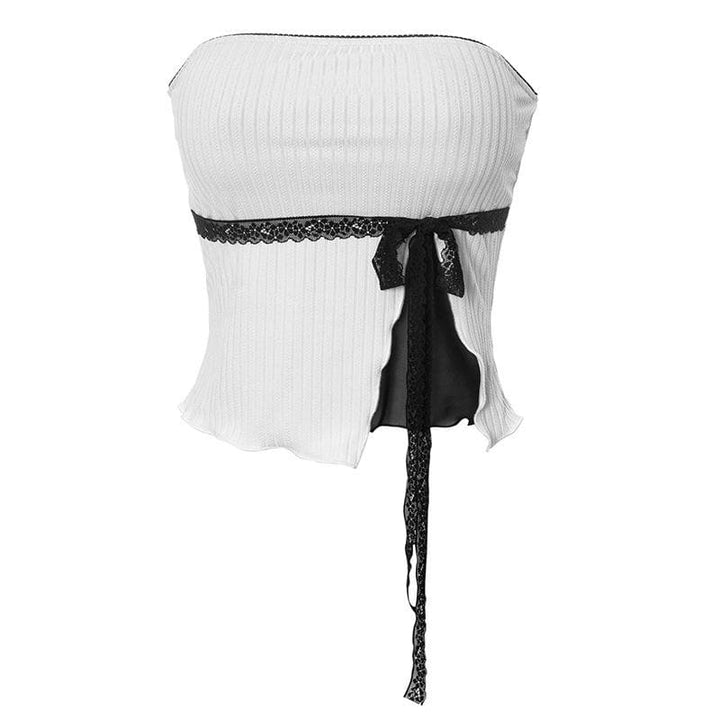 Bowknot lace hem ribbed patchwork slit backless ruffle tube top  | Festival Outfits Women