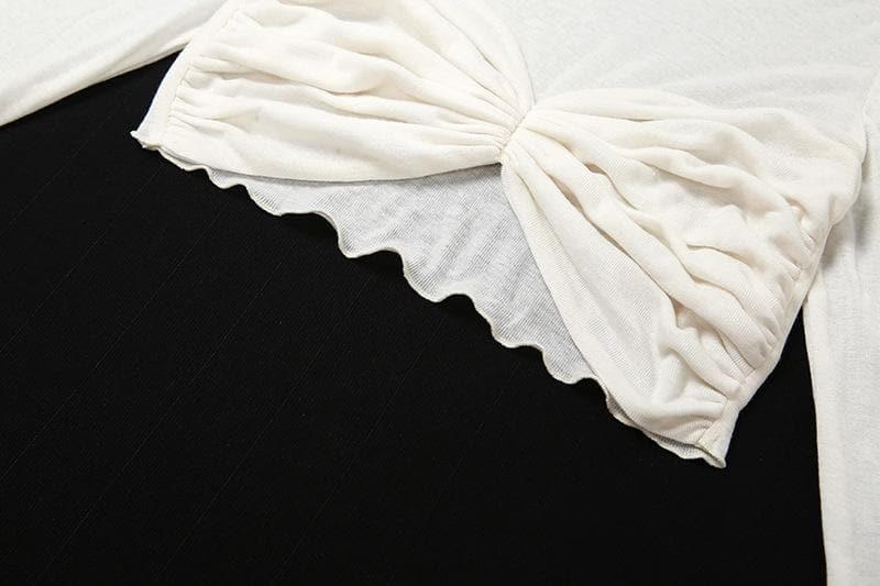 Long sleeve solid ruched crewneck ruffle crop top