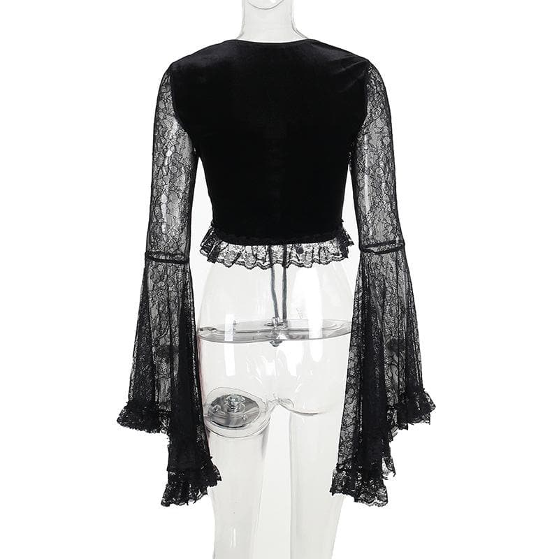 Long flared sleeve velvet lace patchwork ruffle lace up crop top  | Festival Outfits Women