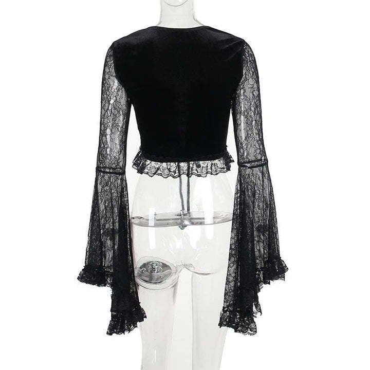 Long flared sleeve velvet lace patchwork ruffle lace up crop top  | Festival Outfits Women