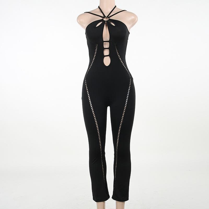 Lace up hollow out halter o ring backless solid jumpsuit  | Festival Outfits Women