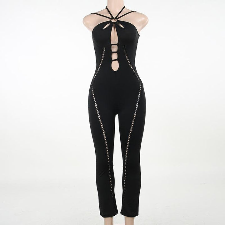 Lace up hollow out halter o ring backless solid jumpsuit  | Festival Outfits Women