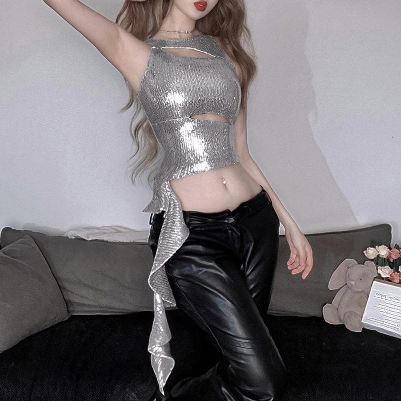 Crewneck glitter hollow out ruffle irregular crop cut out top  | Festival Outfits Women