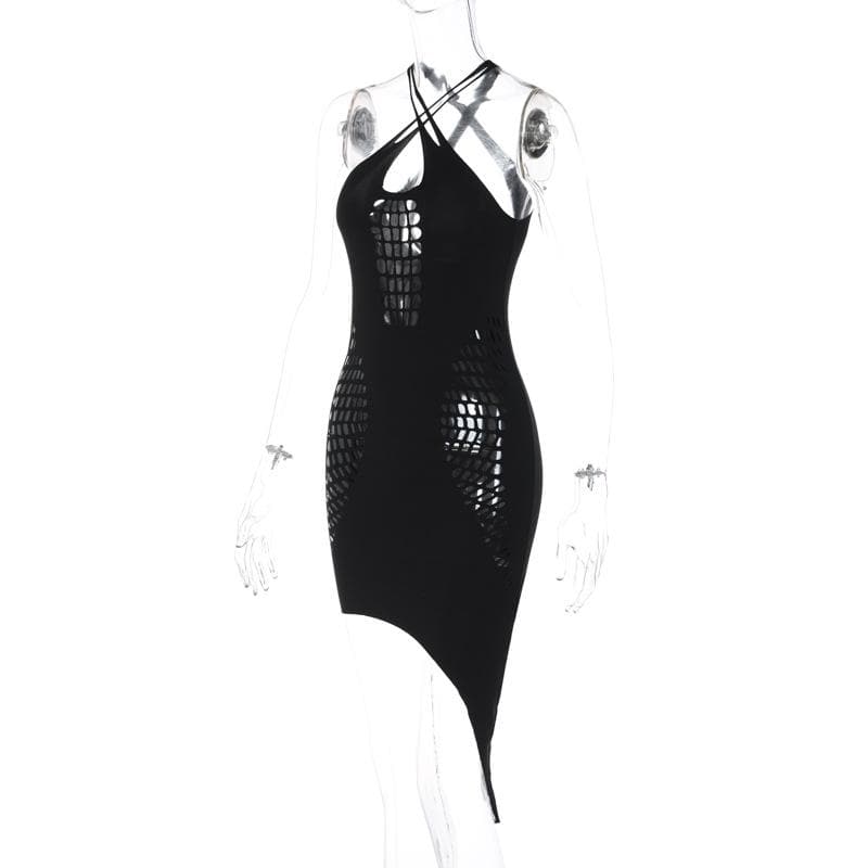 Hollow out solid irregular cross front backless cut out mini dress-final-sale