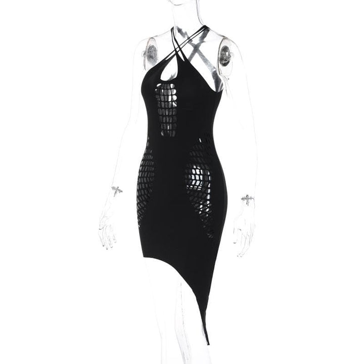 Hollow out solid irregular cross front backless cut out mini dress-final-sale