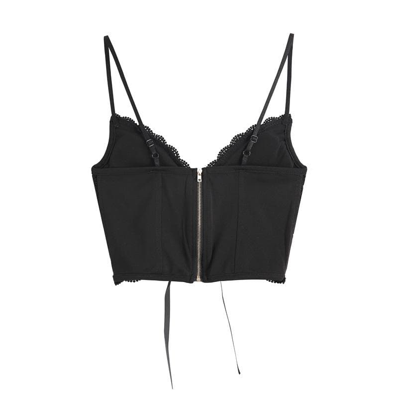 V neck heart neck solid lace up zip-up lace hem cami top