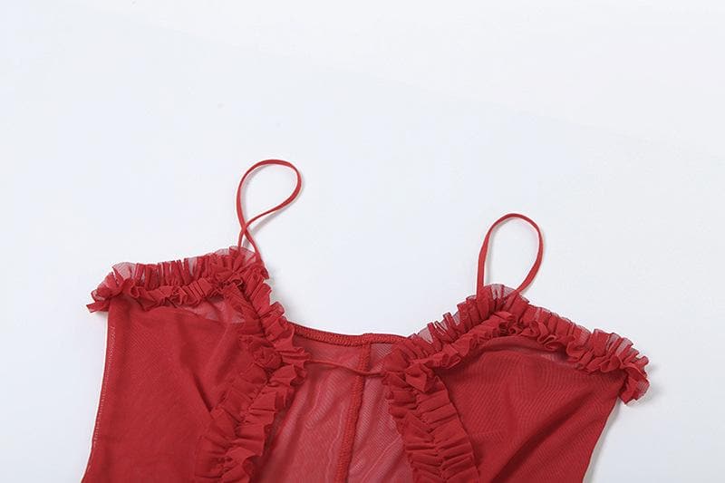 Ruched ruffle slit sheer mesh hollow out cami cut out mini dress-final-sale