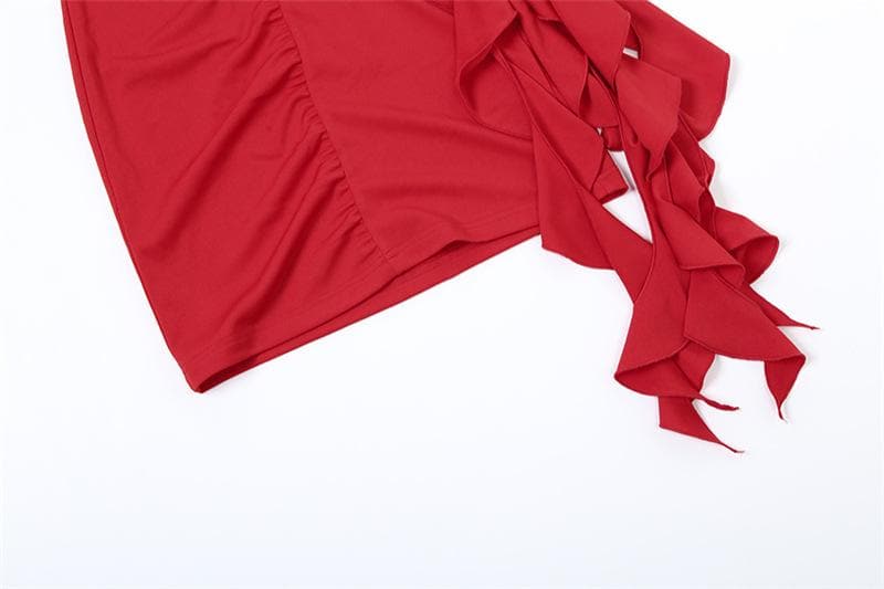 One shoulder flower applique ruched ruffle solid backless mini dress  | Festival Outfits Women