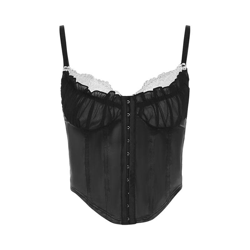 Button lace hem patchwork ruched contrast corset crop top  | Festival Outfits Women