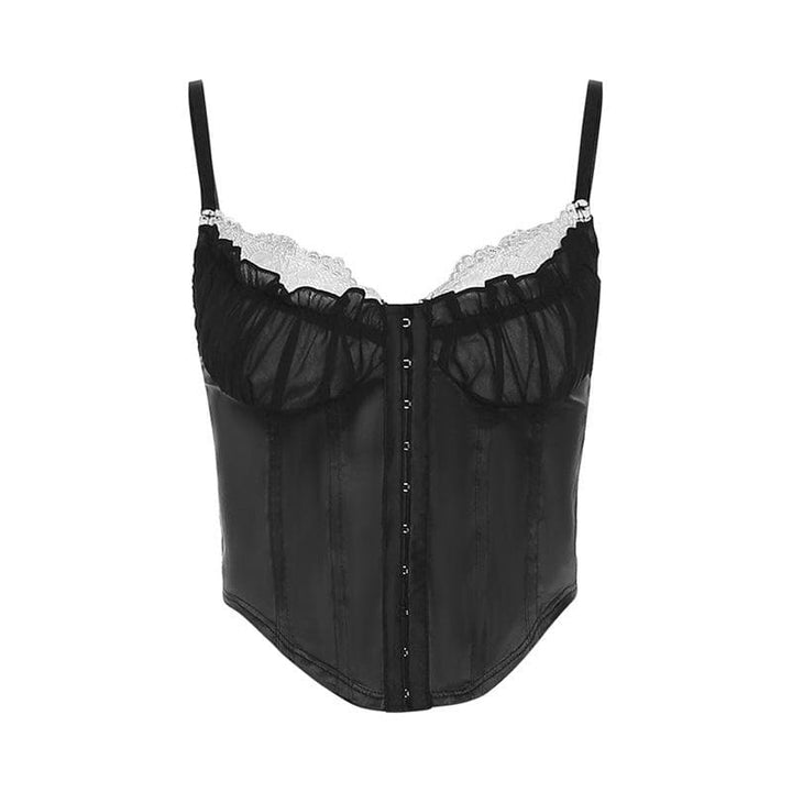 Button lace hem patchwork ruched contrast corset crop top  | Festival Outfits Women