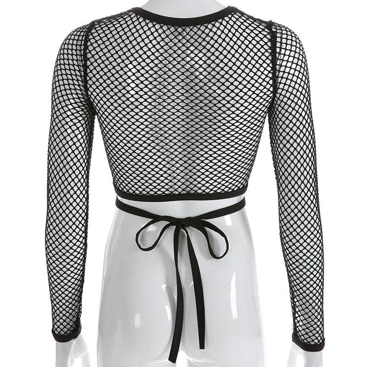 Round neck long sleeve tie back fishnet top
