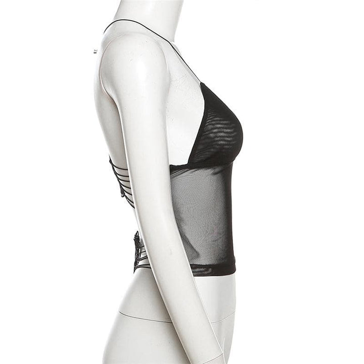 Sheer mesh butterfly applique see through backless solid top  | Festival Outfits Women