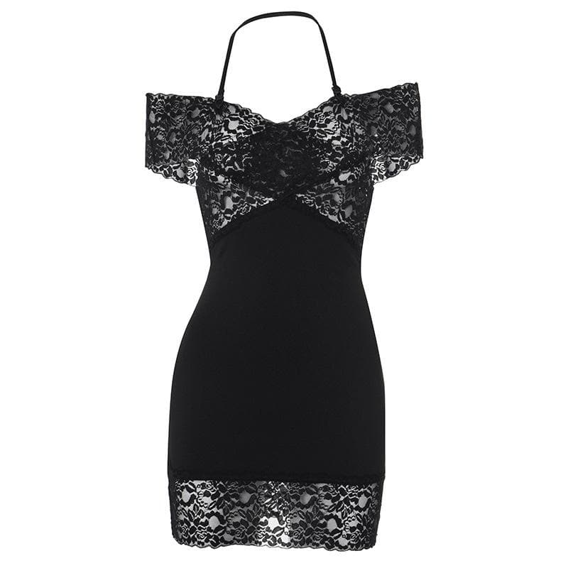 Halter off shoulder lace see through patchwork mini dress  | Festival Outfits Women