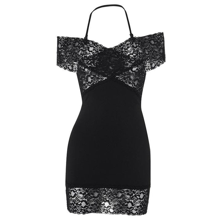 Halter off shoulder lace see through patchwork mini dress  | Festival Outfits Women