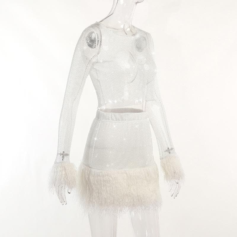Feather long sleeve fishnet see through solid mini skirt set