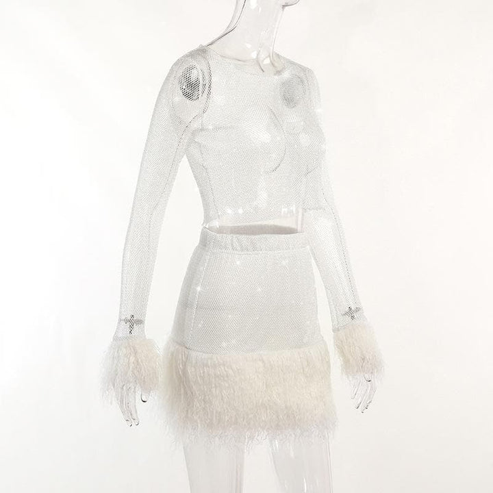 Feather long sleeve fishnet see through solid mini skirt set
