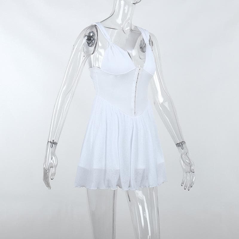 Button patchwork chiffon ruffle low cut mini dress - Final Sale