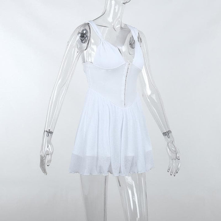 Button patchwork chiffon ruffle low cut mini dress - Final Sale