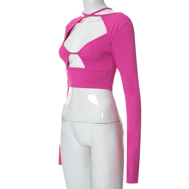 Ribbed cross front solid long sleeve gloves hollow out crop top-final-sale