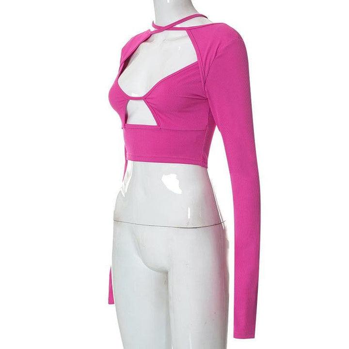 Ribbed cross front solid long sleeve gloves hollow out crop top-final-sale