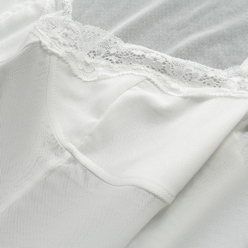 Hem lace ruffled long sleeve mesh crop top - Halibuy