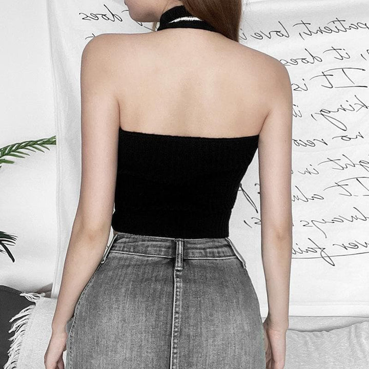Knitted cross front halter contrast backless hollow out crop cut out top