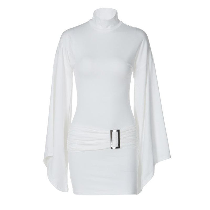 Long flared sleeve high neck ruched buckle solid mini dress  | Festival Outfits Women