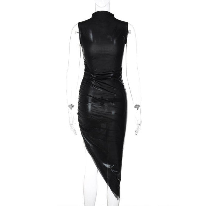 Metallic irregular high neck sleeveless ruched midi dress