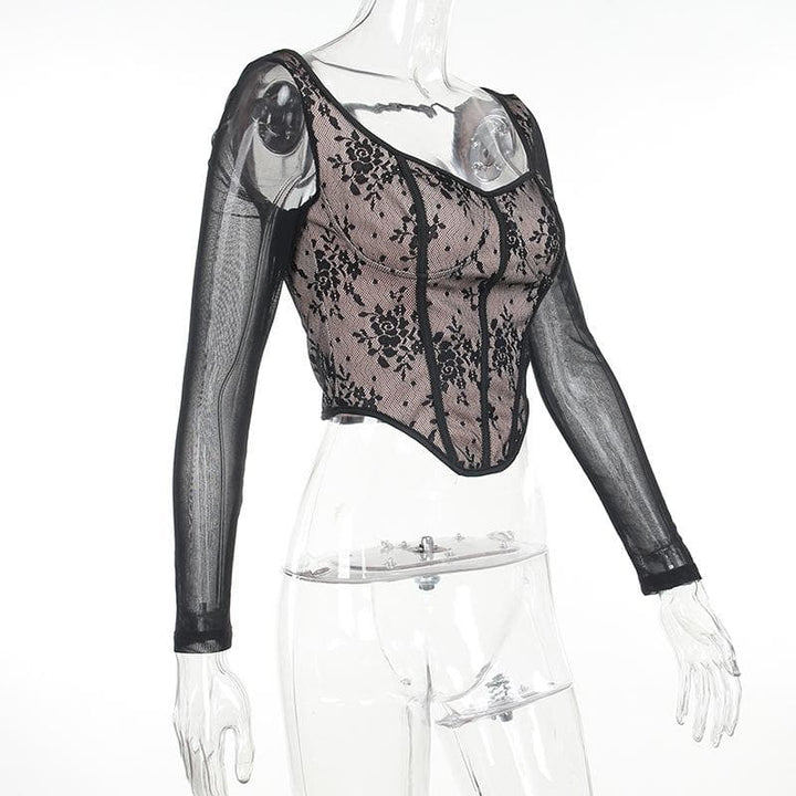 Lace contrast corset long sleeve zip-up self tie top  | Festival Outfits Women